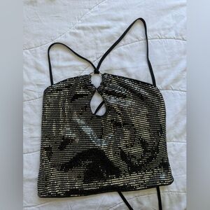 Black Sequin Halter Crop Top with Keyhole